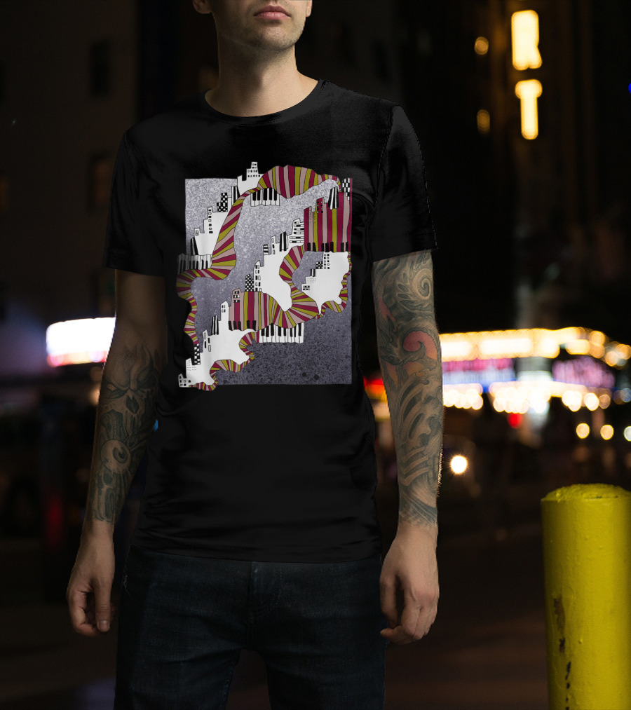 Mellow My Man Cityscape With 90s Hip Hop Piano Keys And Vibrant Stripes T-Shirt