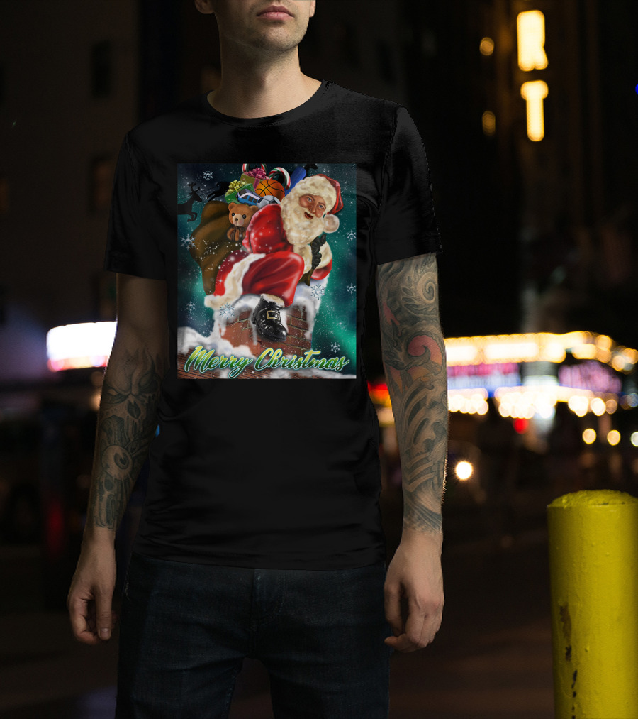 Merry Christmas Santa Claus On Chimney With Toy Sack Holiday Scene T-Shirt