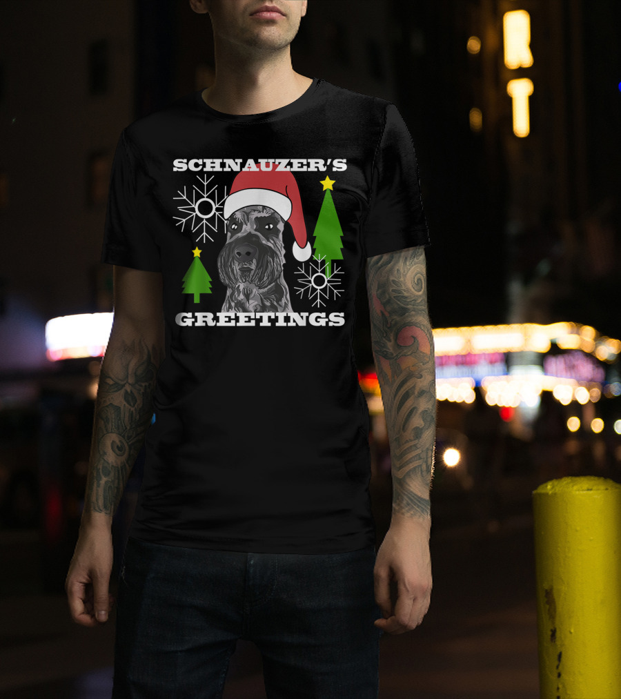 Schnauzer's Greetings Santa Hat Christmas Trees Snowflakes T-Shirt