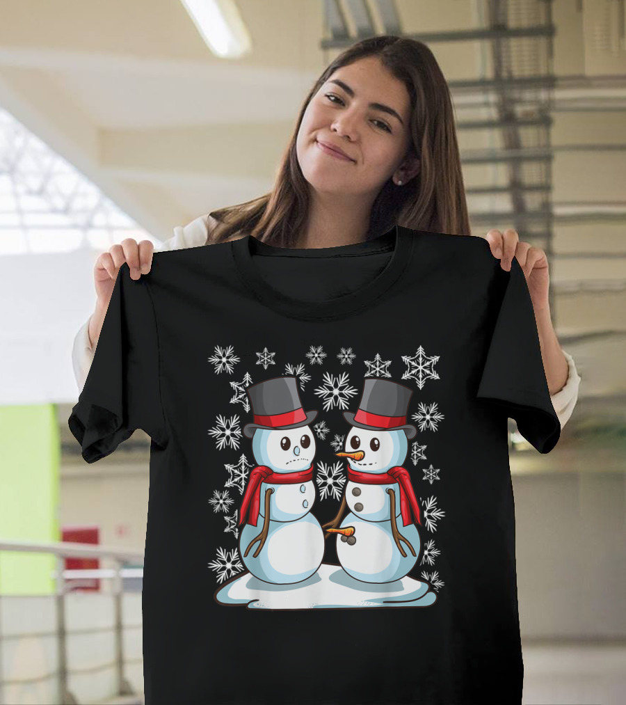 Naughty Christmas Snowmen With Carrot And Top Hats Amidst Snowflakes T-Shirt