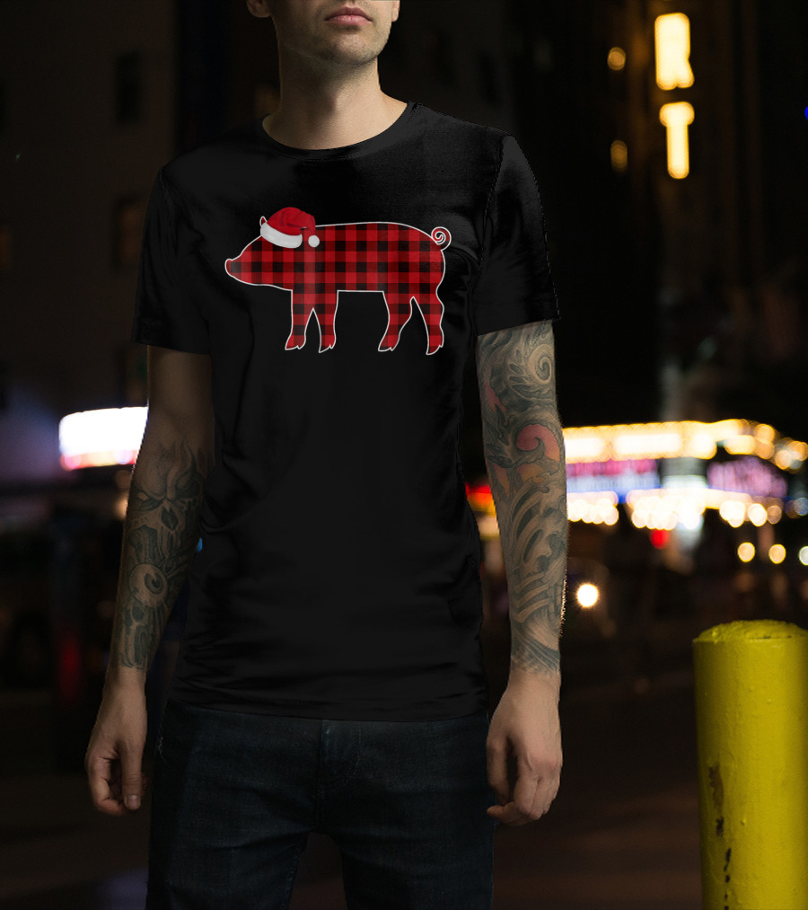 Buffalo Plaid Pig With Santa Hat Christmas T-Shirt