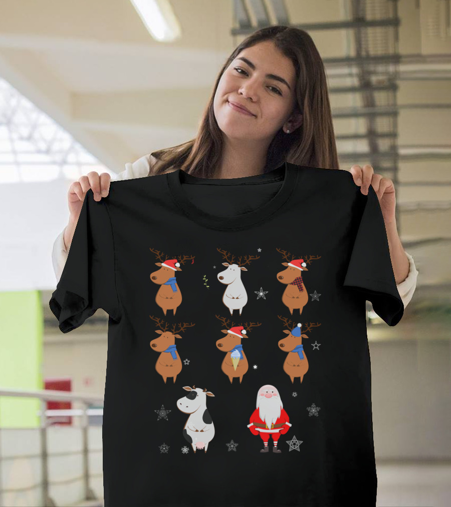 Santa Claus Reindeers With Cow And Snowflakes T-Shirt
