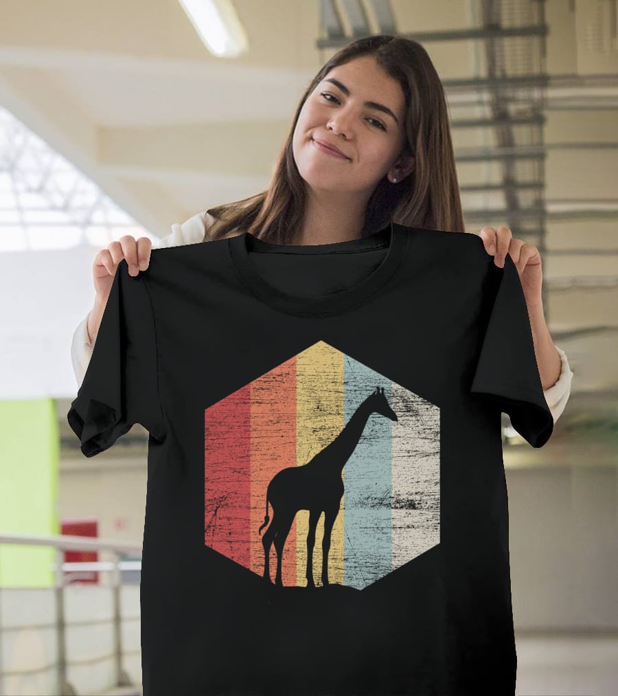 Retro Giraffe Silhouette With Vintage Stripes T-Shirt