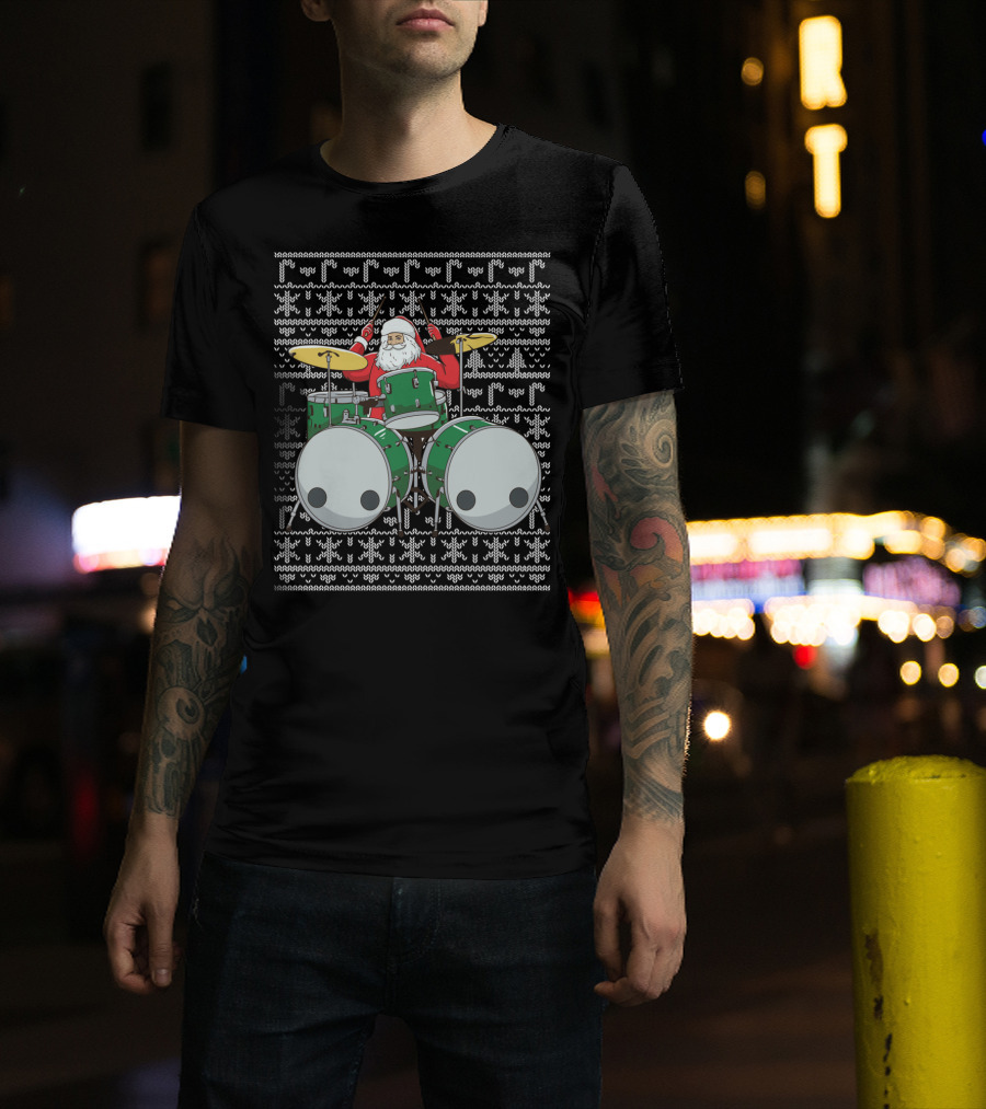 Santa Drummer Christmas Ugly Sweater Style Drums T-Shirt