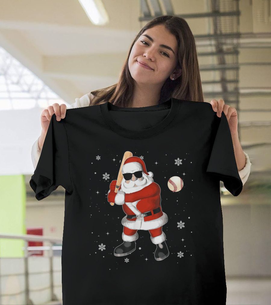 Santa Baseball Snowflake Batting Holiday T-Shirt