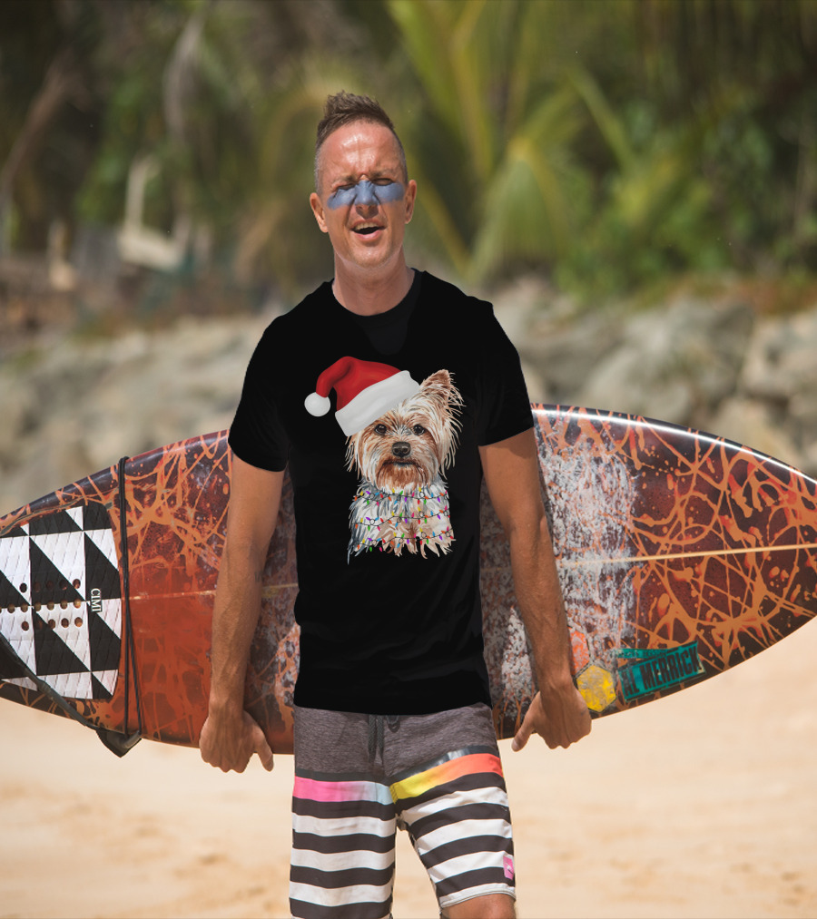 Santa Yorkie Terrier Dog With Christmas Lights Reindeer T-Shirt