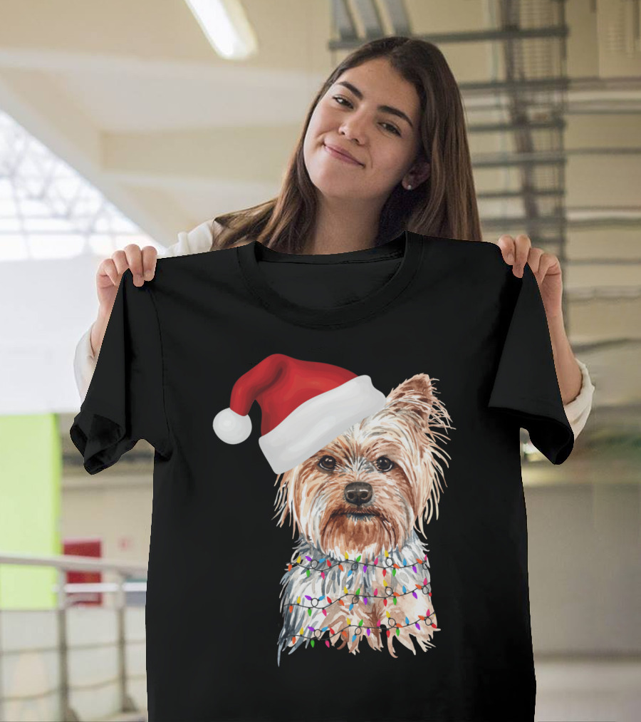 Santa Yorkie Terrier Dog with Christmas Lights Reindeer T-Shirt