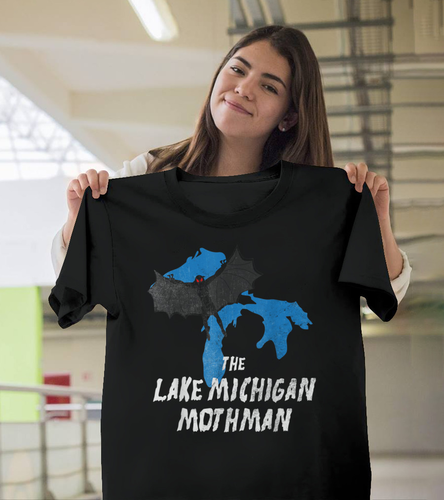 The Lake Michigan Mothman Over Michigan Map with Black and Red Bat Monster T-Shirt