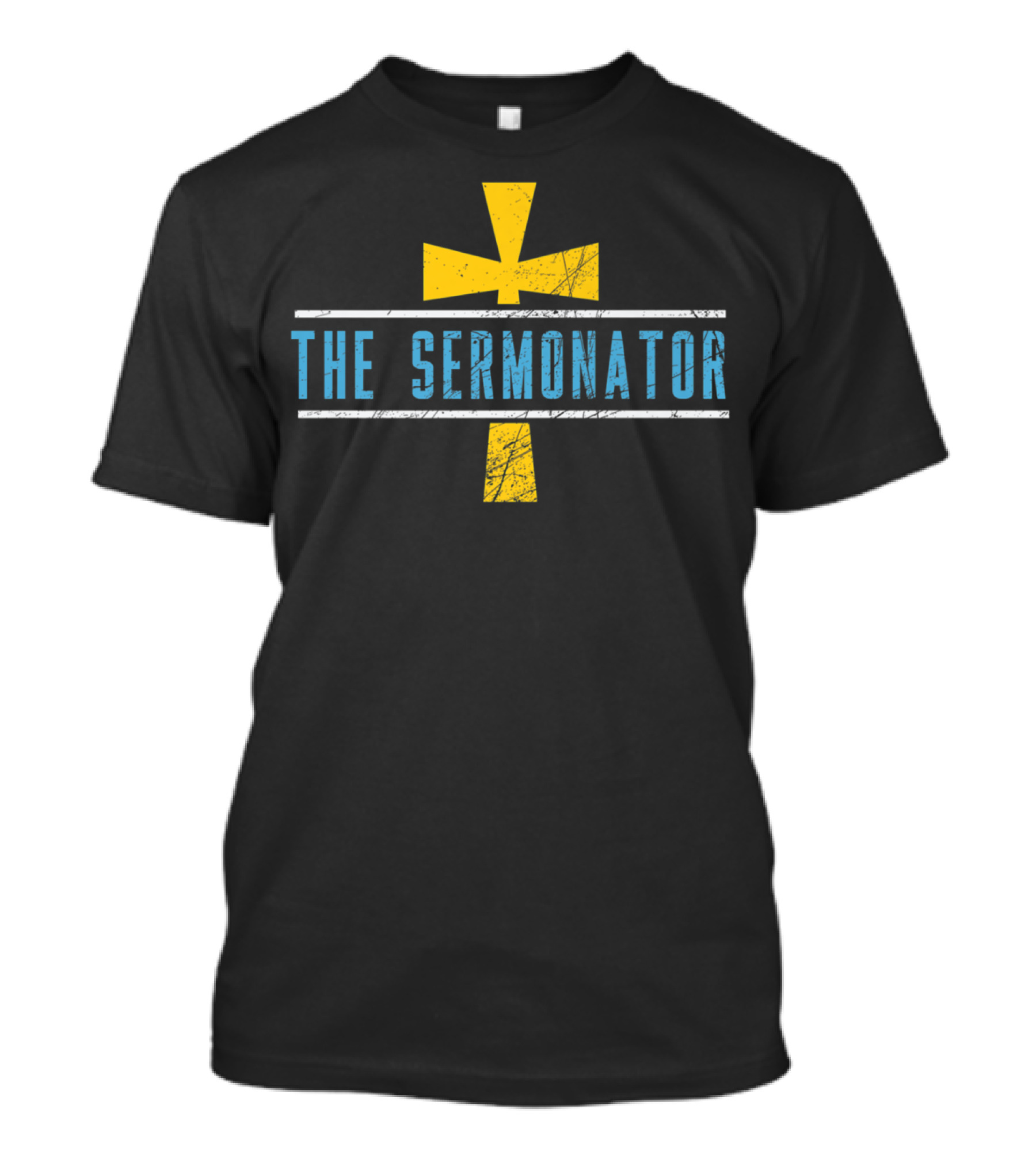 The Sermonator Distressed Cross Symbol Text T-Shirt