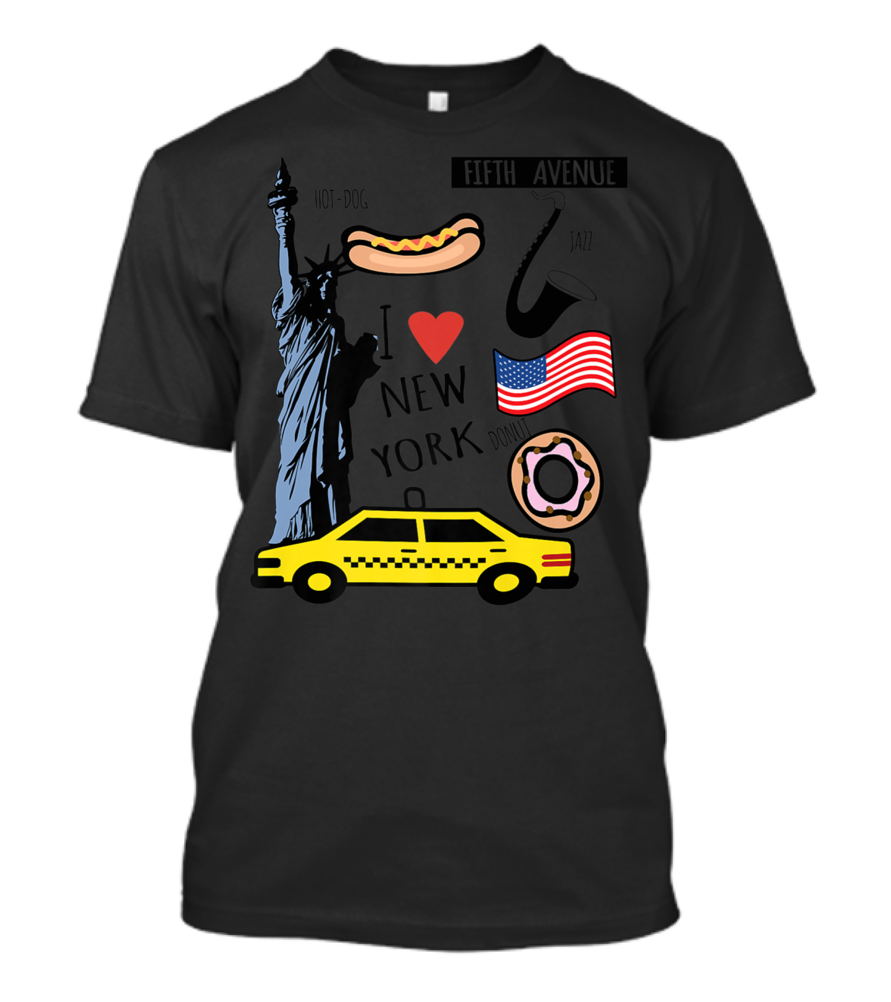 I Heart New York Top Spots Statue Of Liberty Taxi Fifth Avenue Hot Dog Jazz Donut American Flag T-Shirt