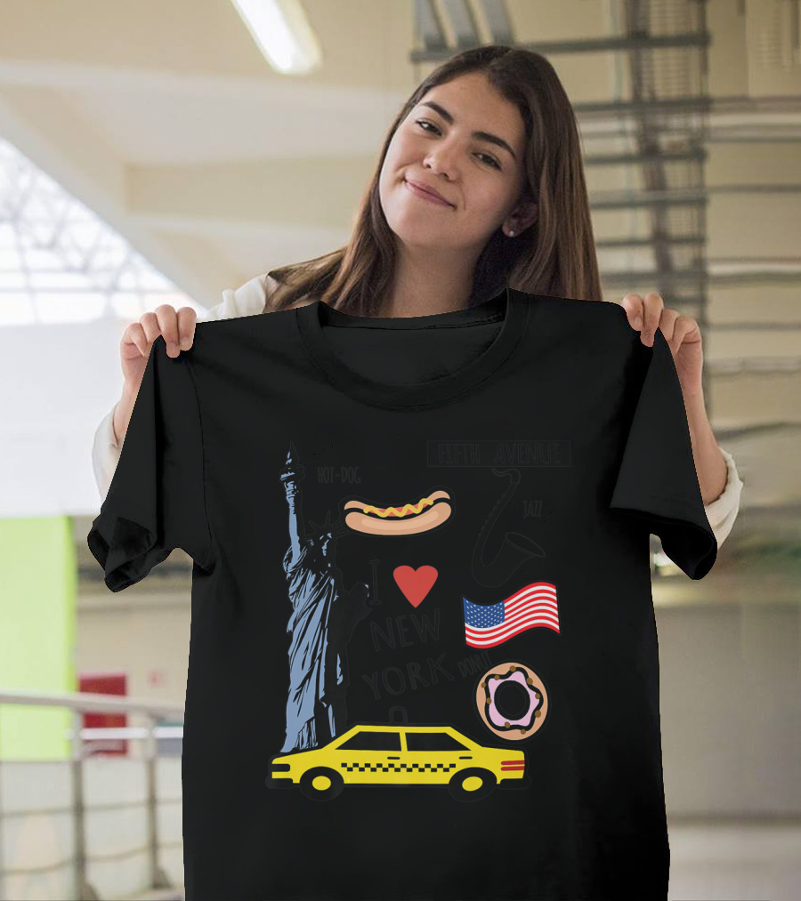 I Heart New York Top Spots Statue Of Liberty Taxi Fifth Avenue Hot Dog Jazz Donut American Flag T-Shirt