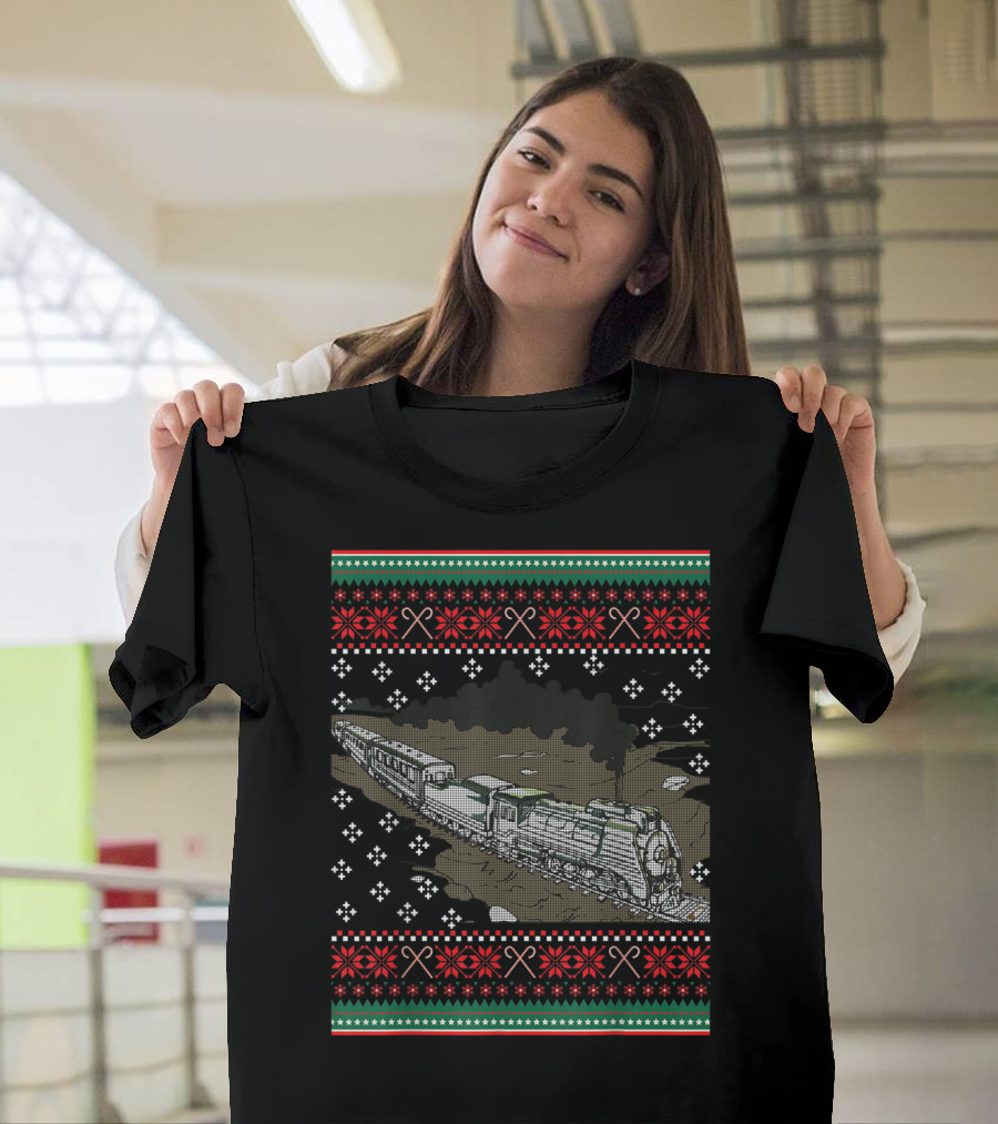 Steam Engine Train Ugly Christmas Pattern Railroad T-Shirt