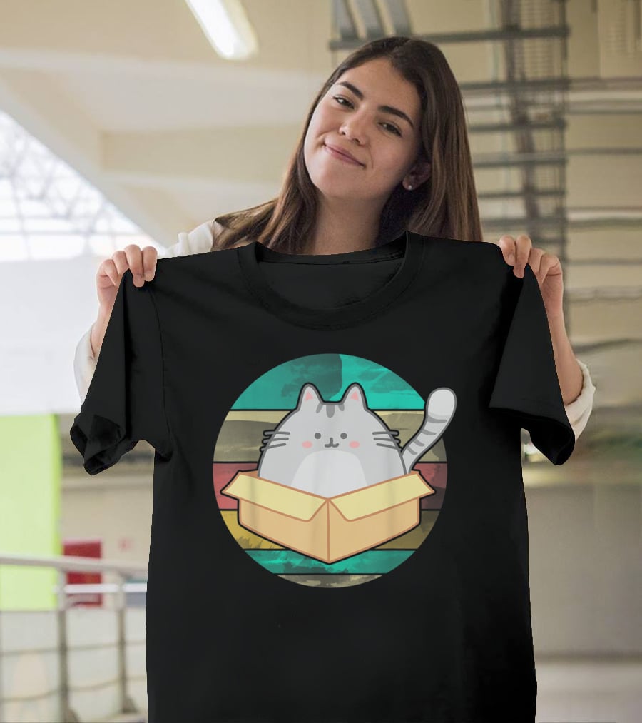 Retro Fat Cat In Box With Vintage Stripes T-Shirt