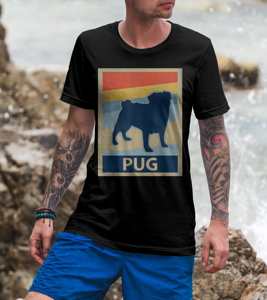 Vintage Pug Silhouette With Retro Stripes T-Shirt