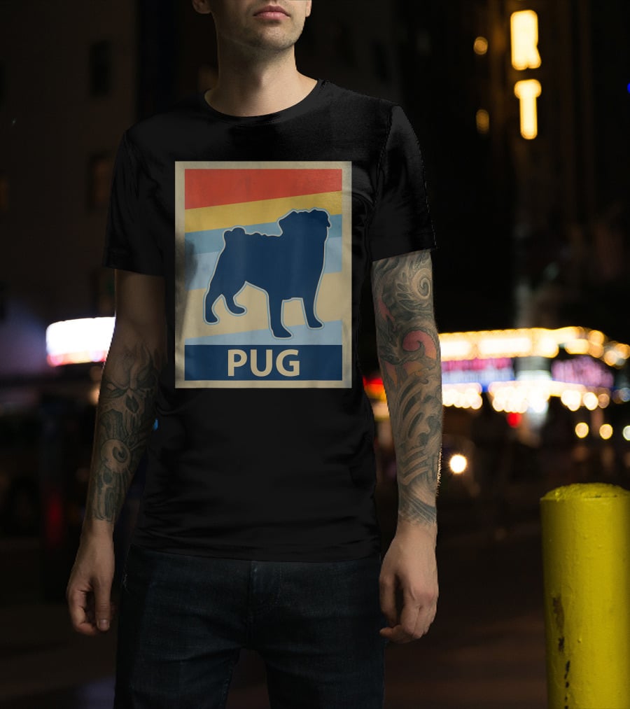 Vintage Pug Silhouette With Retro Stripes T-Shirt