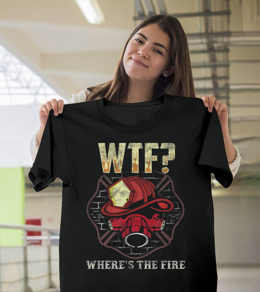 WTF? Firefighter Helmet and Mask Brick Wall Where's The Fire T-Shirt