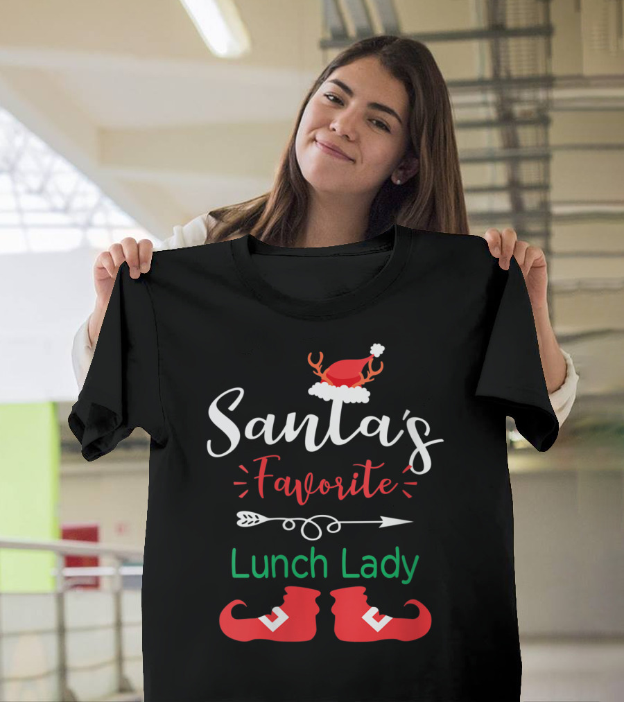 Santa's Favorite Lunch Lady Christmas Hat And Elf Boots T-Shirt