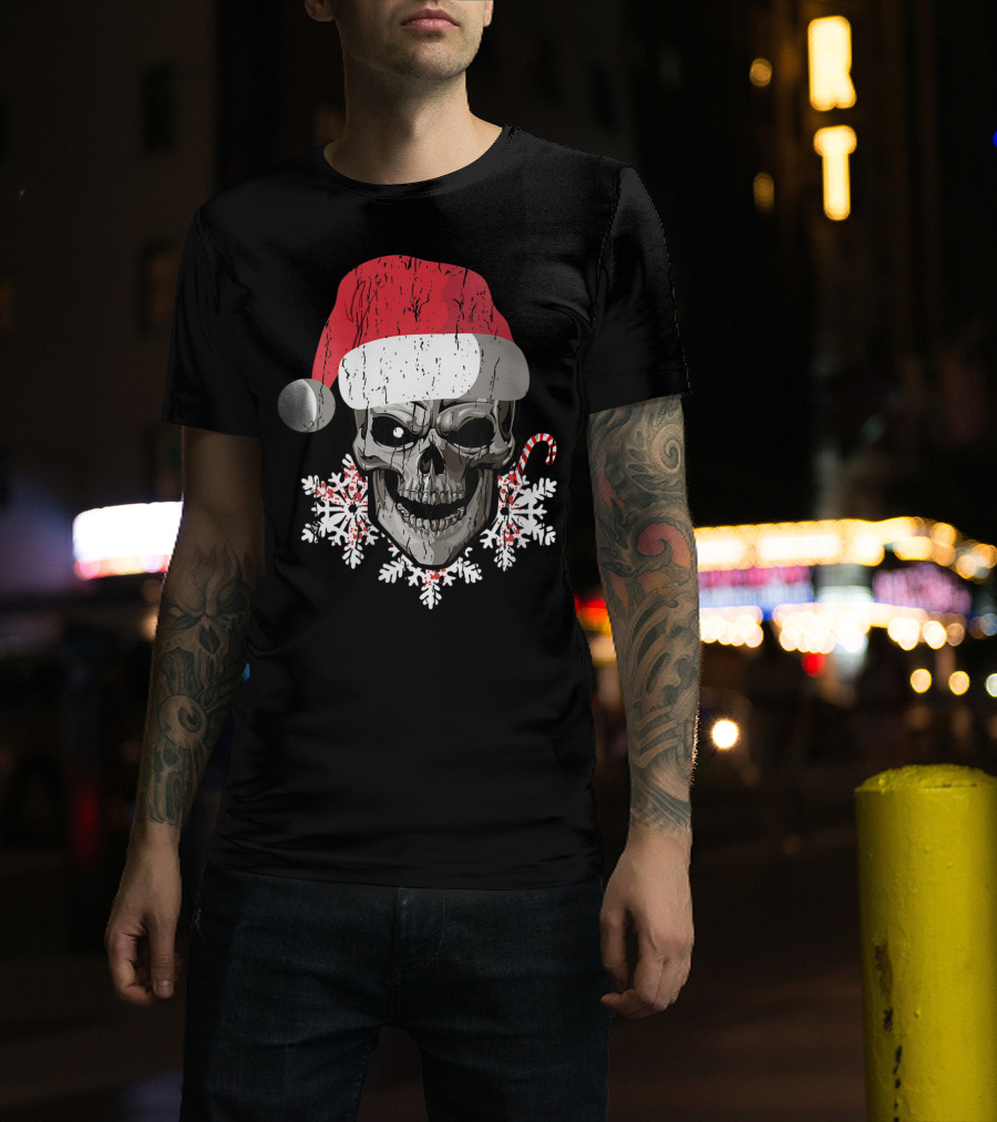 Skull With Santa Hat Snowflakes Candy Cane T-Shirt