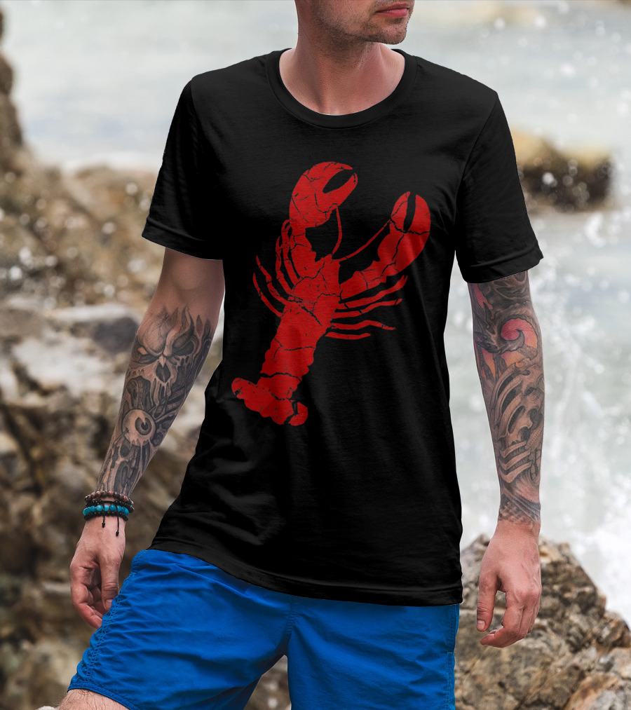 Vintage Lobster Print Red Cracked T-Shirt