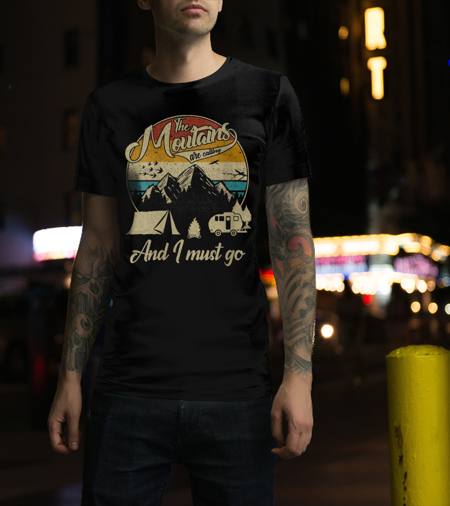 The Mountains Are Calling And I Must Go Vintage 80s Camping Scene T-Shirt