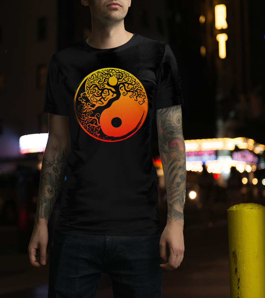 Yin Yang Bonsai Tree Japanese Golden Sun Circle T-Shirt