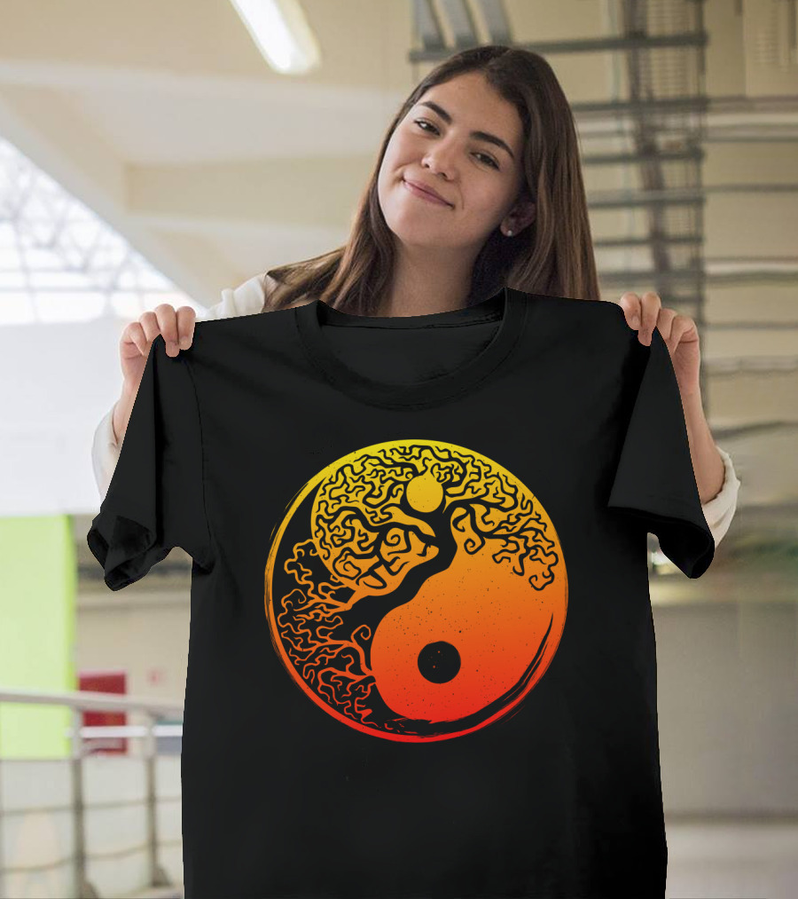 Yin Yang Bonsai Tree Japanese Golden Sun Circle T-Shirt
