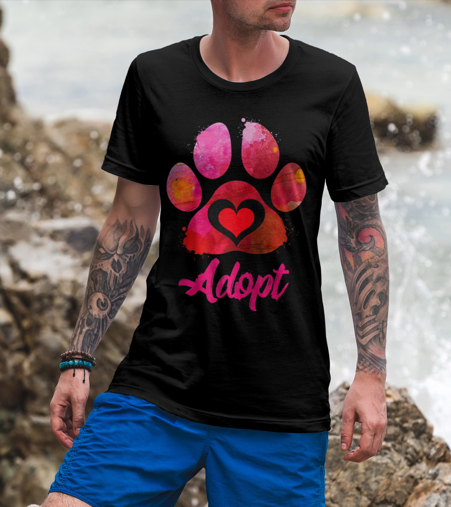 Adopt Love Watercolor Heart Paw Rescue Animal Lover T-Shirt