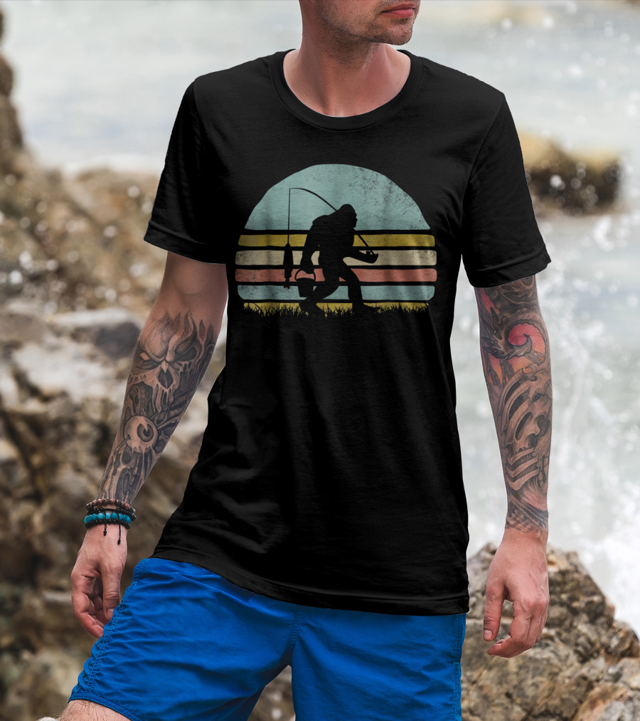 Awesome Bigfoot Fishing At Sunset Silhouette Retro Stripes T-Shirt