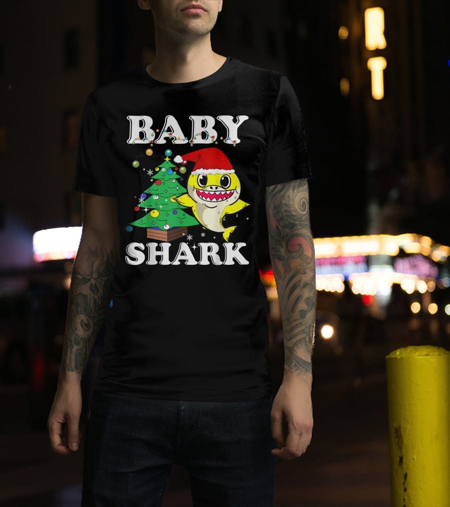 Baby Shark Christmas Tree Santa Hat T-Shirt