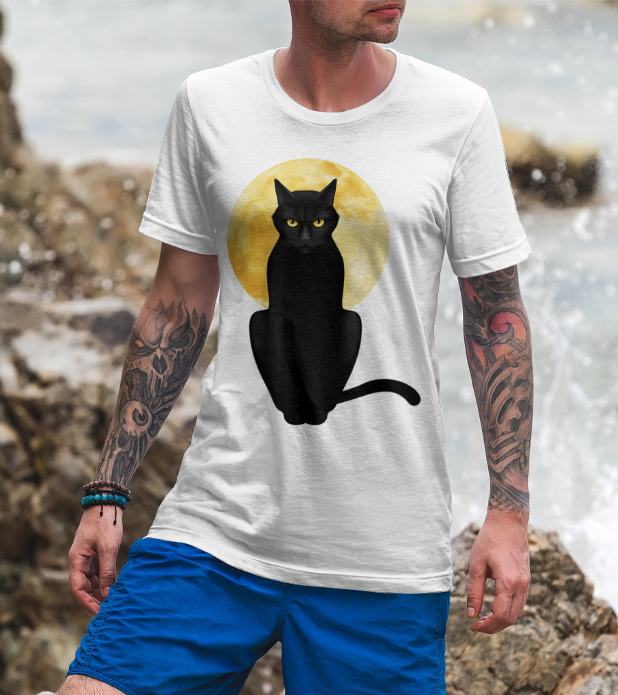 Black Cat Yellow Eyes Full Moon T-Shirt