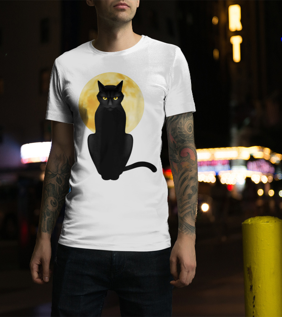 Black Cat Yellow Eyes Full Moon T-Shirt