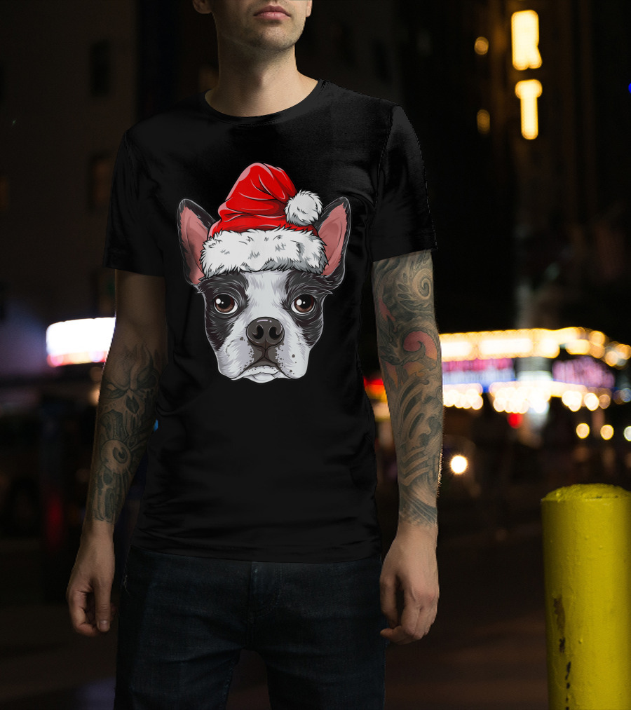 Boston Terrier Christmas Dog Santa Hat T-Shirt
