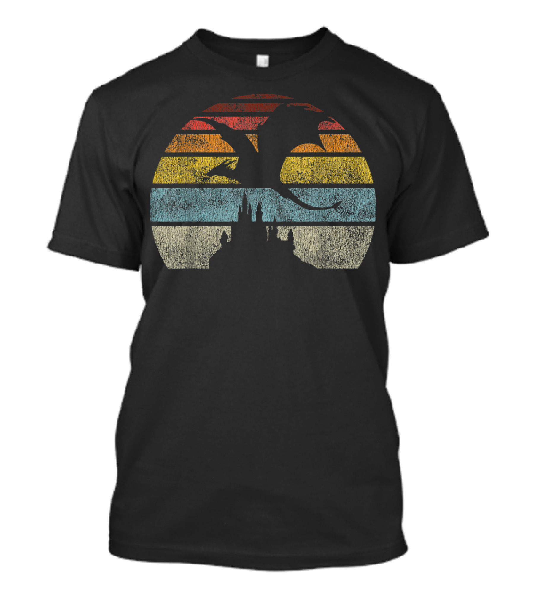 Castle And Dragon Silhouette Against Retro Sunset Stripes T-Shirt
