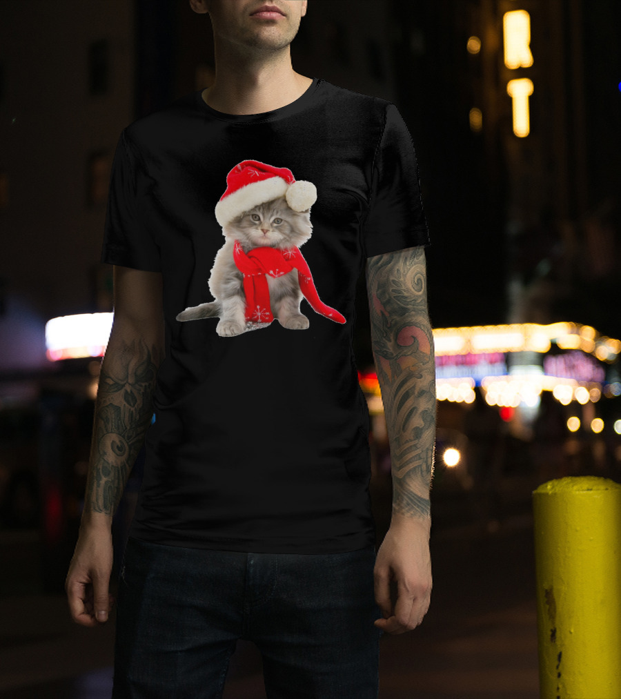 Cat Kitten In Santa Hat And Red Scarf T-Shirt