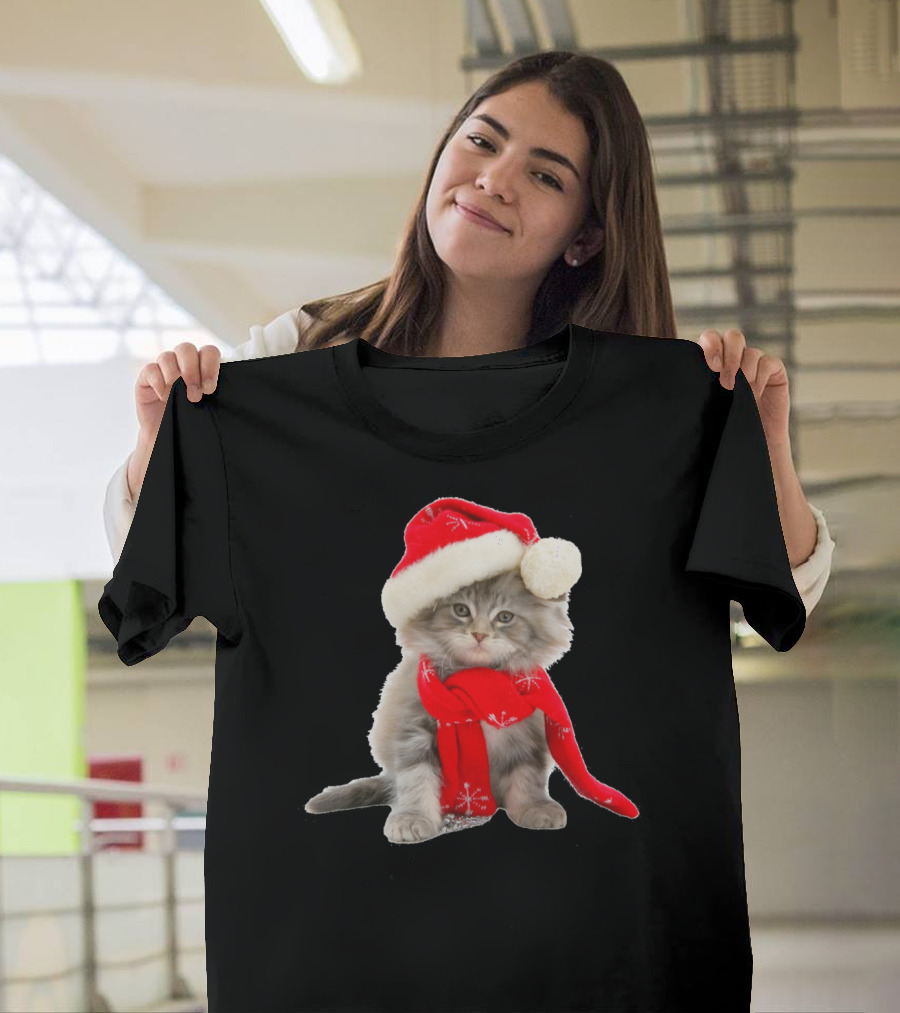 Cat Kitten In Santa Hat And Red Scarf T-Shirt