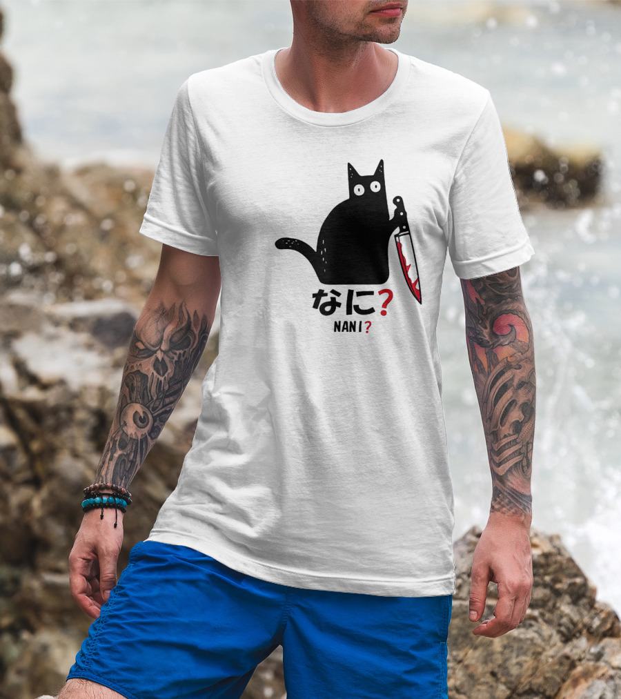 Nani What Murderous Black Cat With Knife Kanji T-Shirt