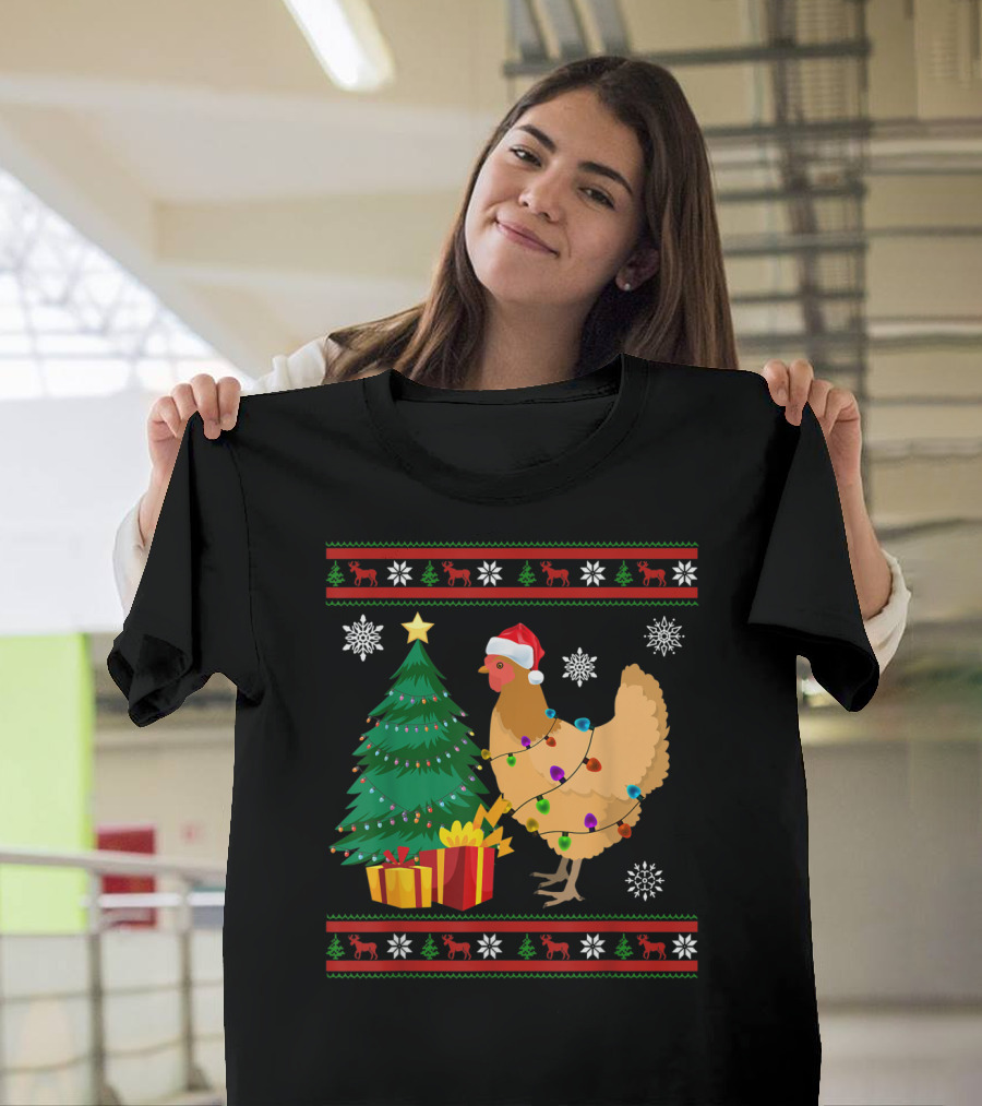 Chicken Christmas Decorations Santa Tree Snowflakes Reindeer T-Shirt