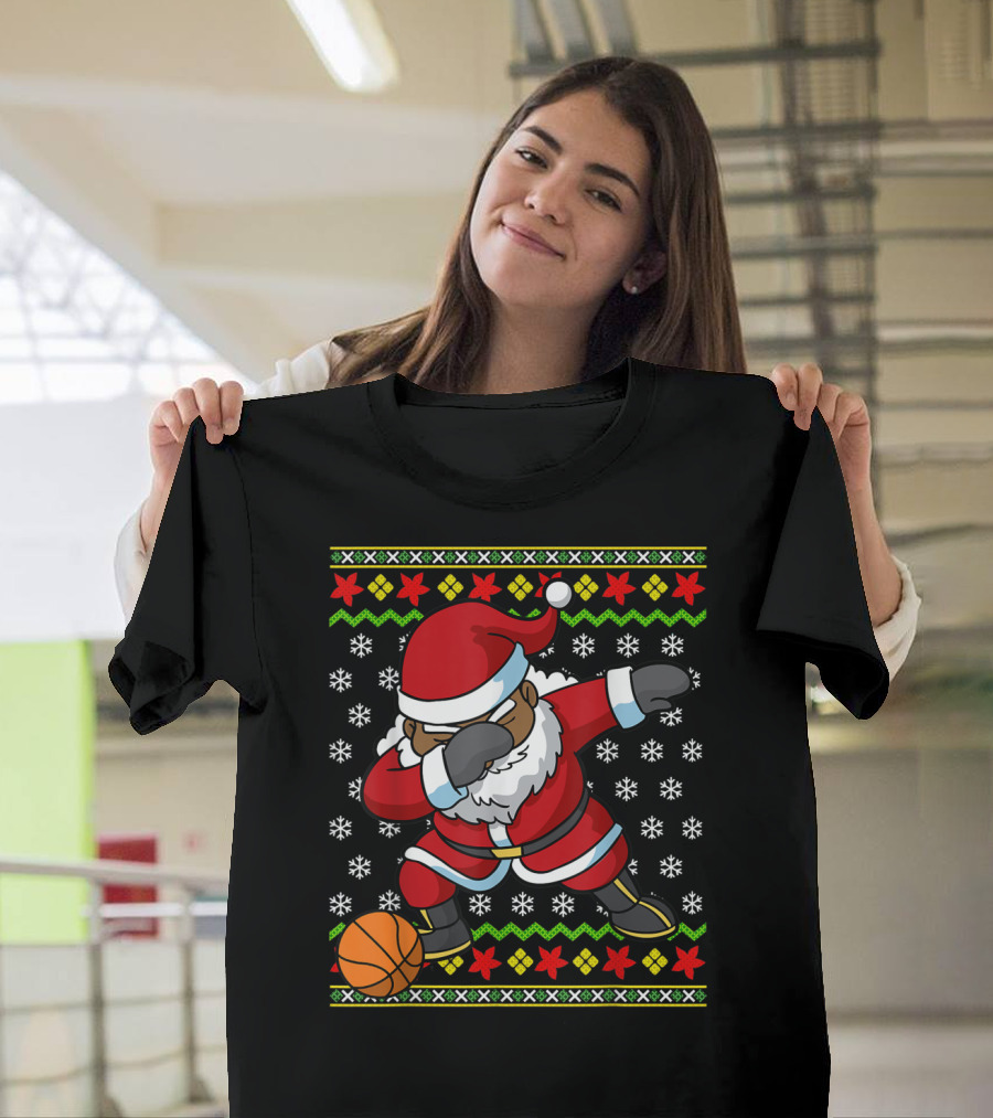 Christmas Black African American Santa Dabbing Basketball Ugly T-Shirt