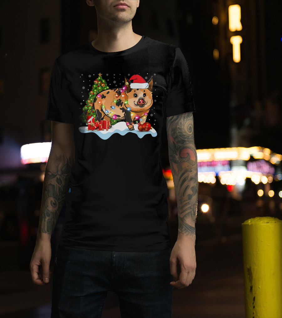 Kunekune Pig Santa Hat Christmas Tree Lights Snowflakes T-Shirt
