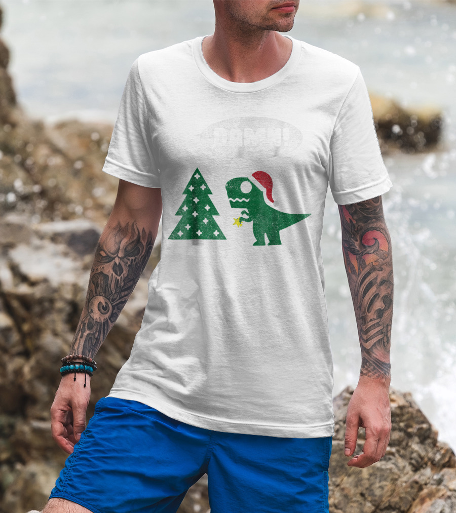 Damn Trex Hates Christmas Dinosaur Lover Funny Santa Dinosaur With Christmas Tree T-Shirt