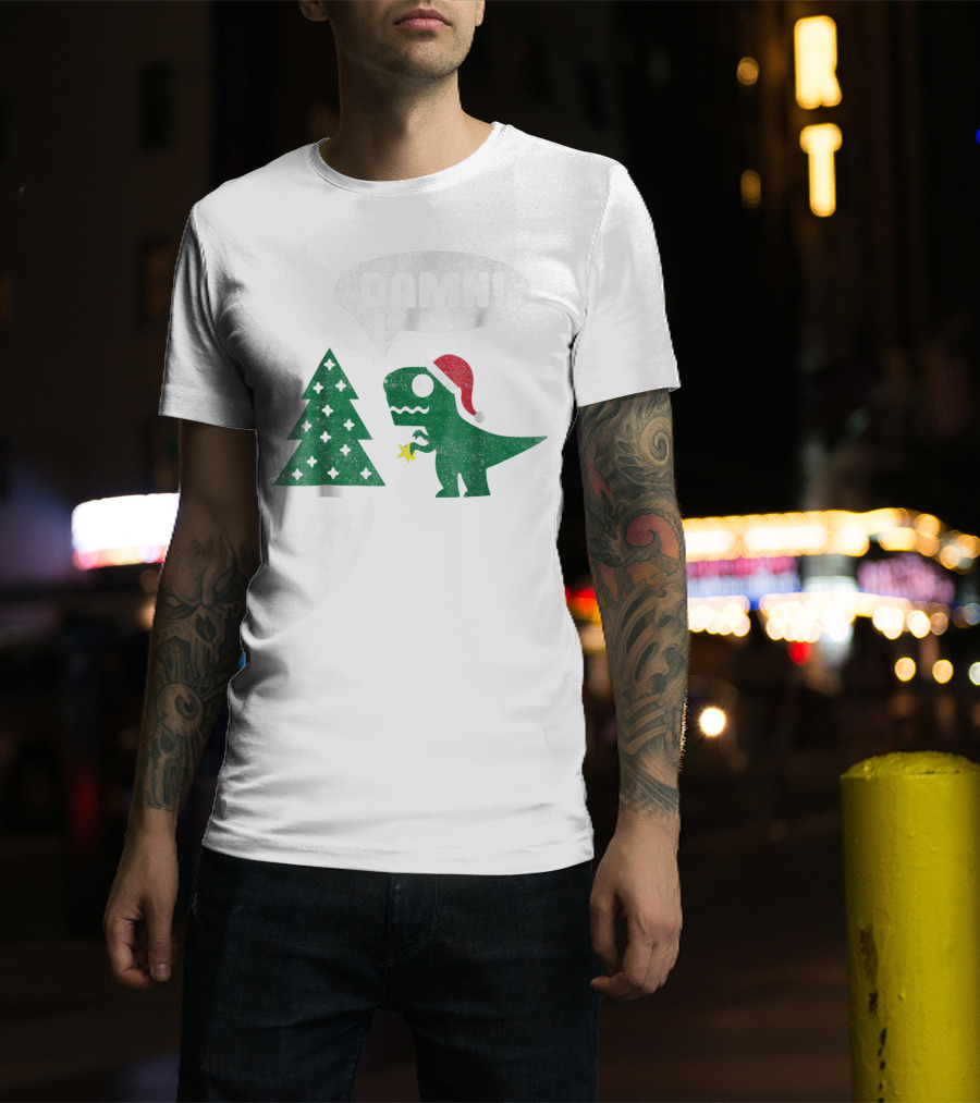 Damn Trex Hates Christmas Dinosaur Lover Funny Santa Dinosaur With Christmas Tree T-Shirt