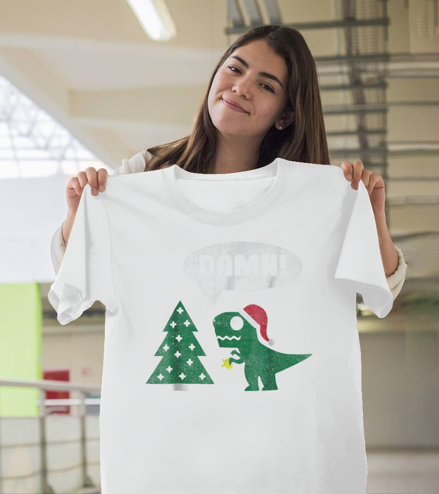Damn Trex Hates Christmas Dinosaur Lover Funny Santa Dinosaur With Christmas Tree T-Shirt