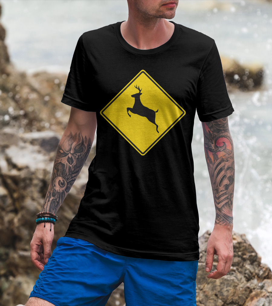 Yellow Deer Crossing Road Sign T-Shirt