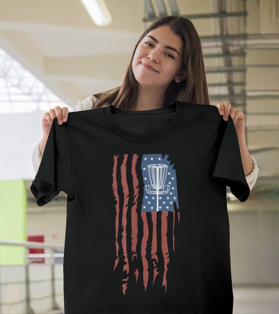Disc Golf Basket American Flag Frisbee Sports USA T-Shirt