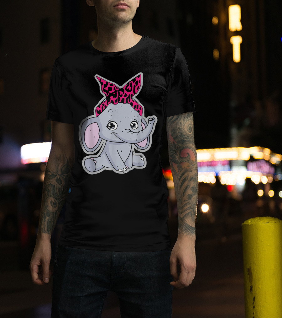 Elephants Cute Cartoon With Pink Leopard Bow T-Shirt
