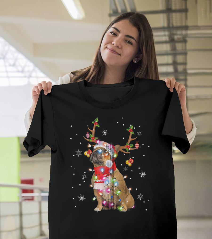 French Bulldog Reindeer Antlers Santa Hat Christmas Lights T-Shirt