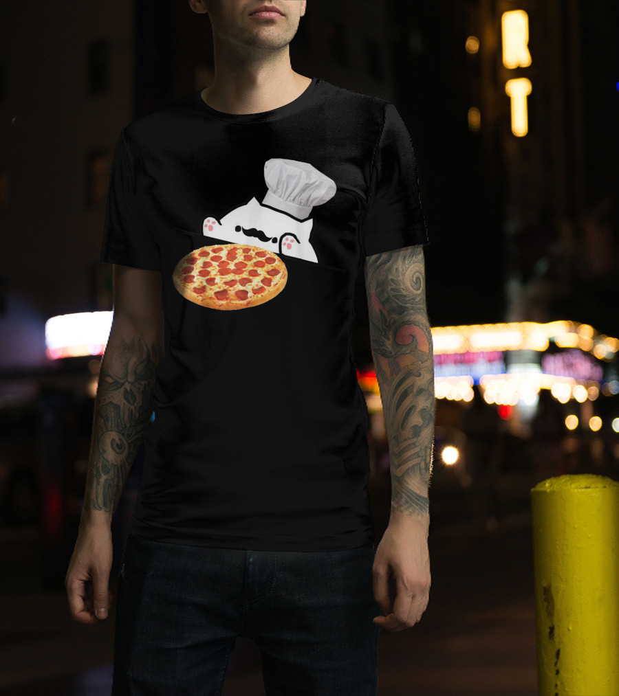 Bongo Cat Pizza Chef With Mustache And Pepperoni Pizza Humor T-Shirt