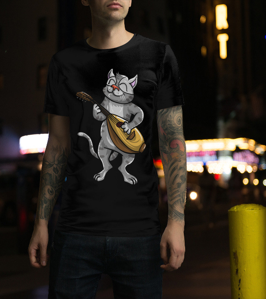 Funny Cool Cat Playing Lute Animal Musician T-Shirt