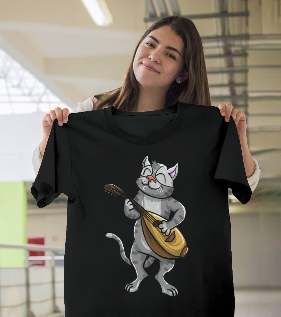 Funny Cool Cat Playing Lute Animal Musician T-Shirt