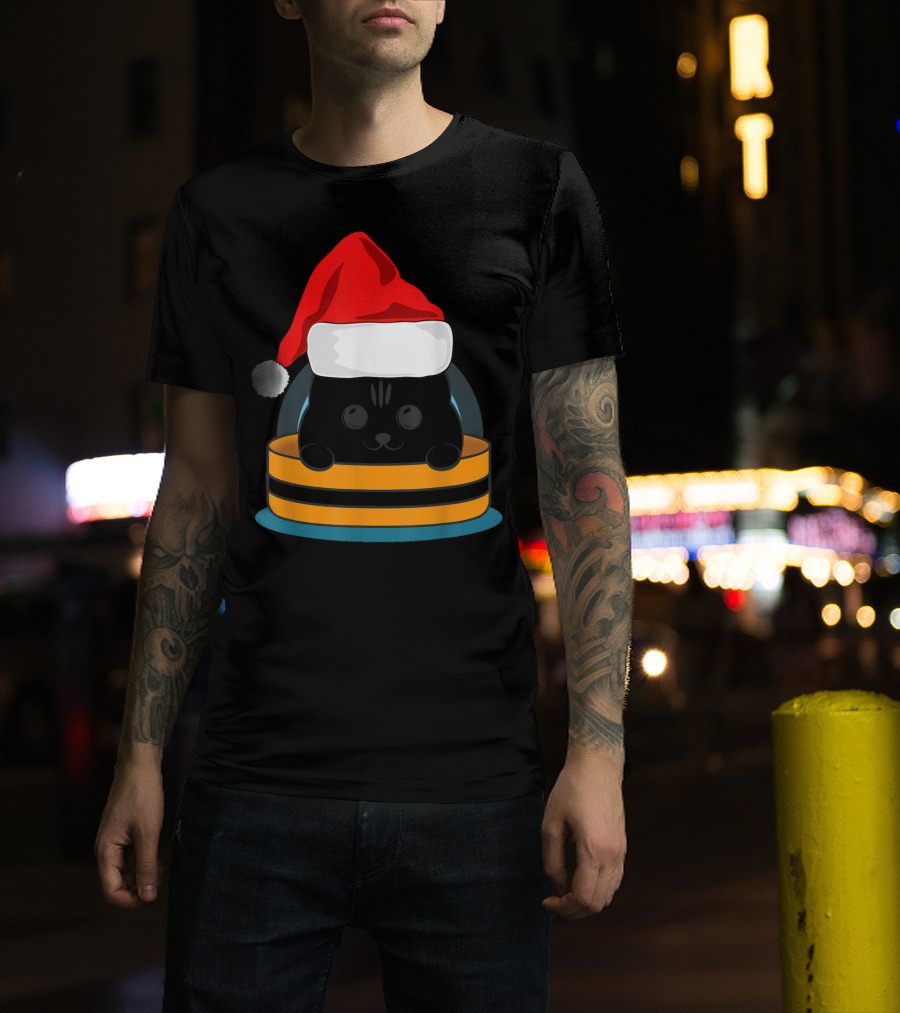 Cute Black Cat In Santa Hat Sitting Inside Orange And Black Barrel T-Shirt